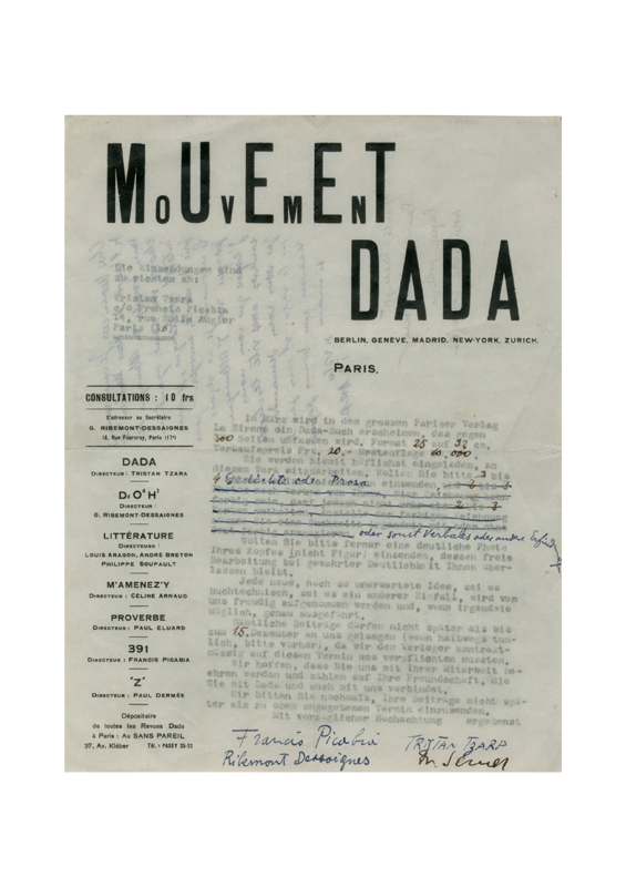 Vorderseite des «dadaglobe»-Aufforderungsschreibens von Tristan Tzara, Francis Picabia, Georges Ribemont-Dessaignes und Walter Serner an Alfred Vagts (1920). Maschinengeschriebener Brief mit handschriftlicher Ergänzung von Tristan Tzara auf Mouvement-Dada-Briefbogen, 27 x 21 cm. Archivo Lafuente.