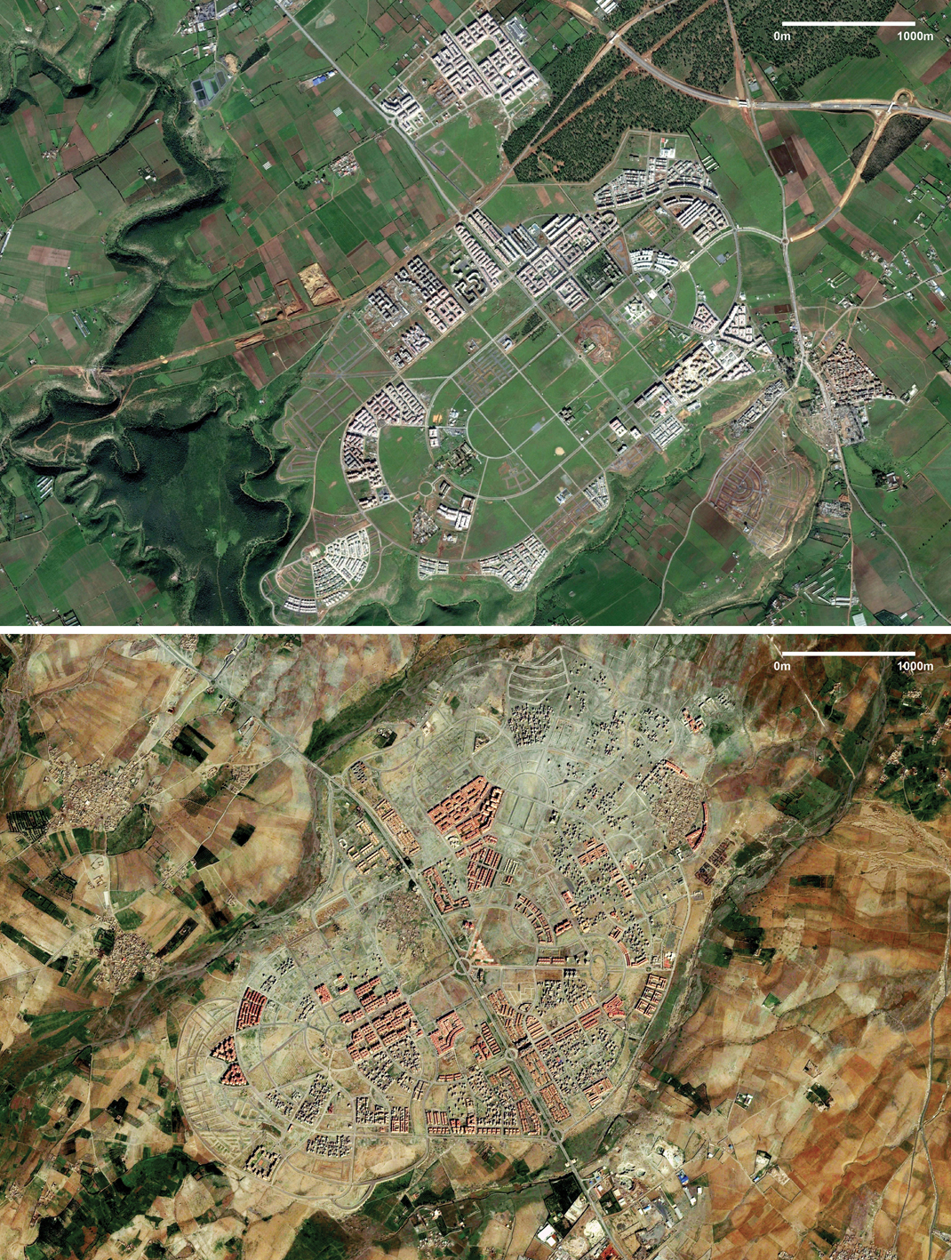 Le Programme Ville Nouvelle du Maroc – annoncé par la première fois fin 2004 – propose le développement de quinze villes nouvelles de taille supérieure à 150 000 habitants d’ici à 2020. A ce jour, six de ces villes ont partiellement été construites et occupées, alors que cinq sites additionnels ont été choisis. haut) Tamesa ; bas) Tamensourt