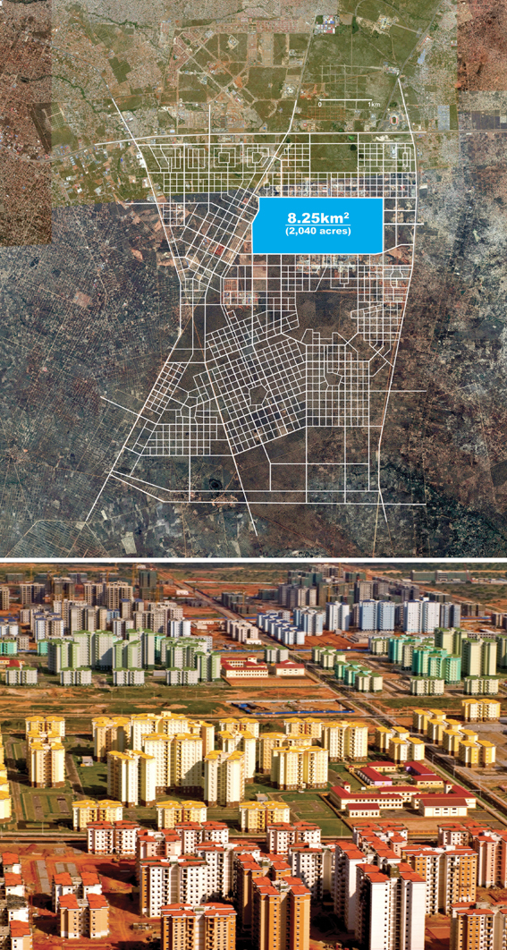 Angola en janvier 2014 représente un dixième de l’extension complète du projet. Kilamba est l’une des cinq villes nouvelles planifiées dans la périphérie de Luanda. (Carte réalisée par l’auteur / image CITIC)