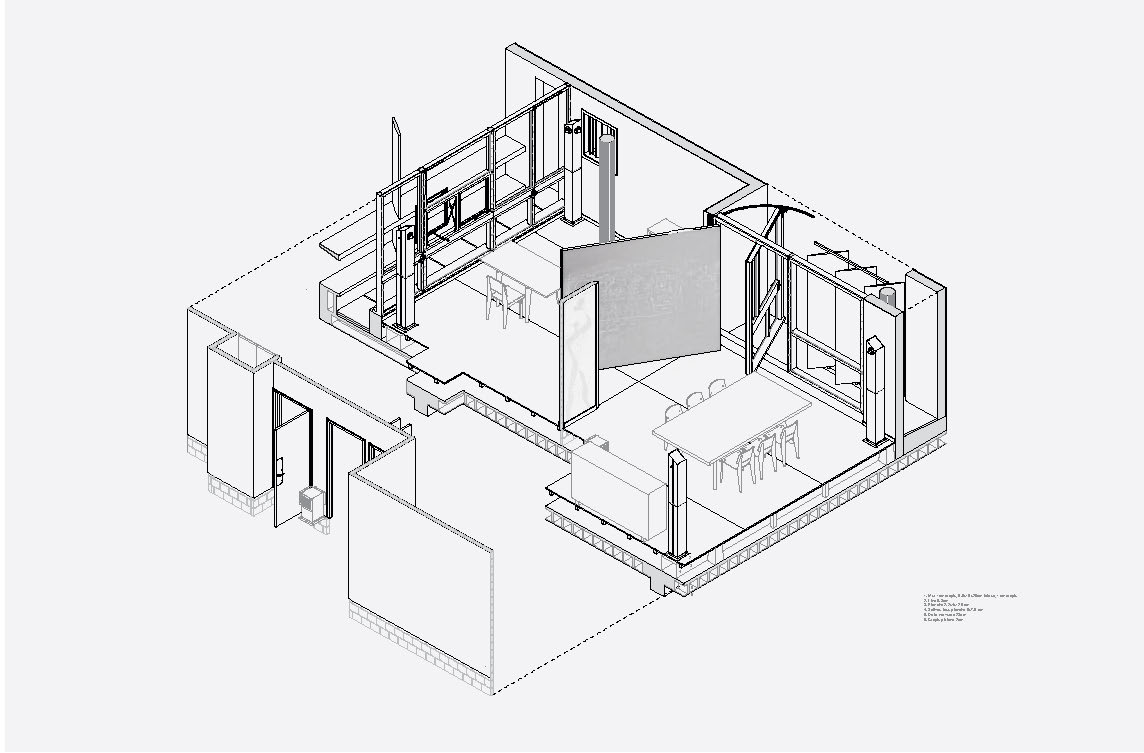 EPFL-ENAC-SAR, Atelier Graf, usine Claude et Duval, relevé, axonométrie de la salle de conférences et bureau de P. Duval, étudiante Marie-Laure Allemann