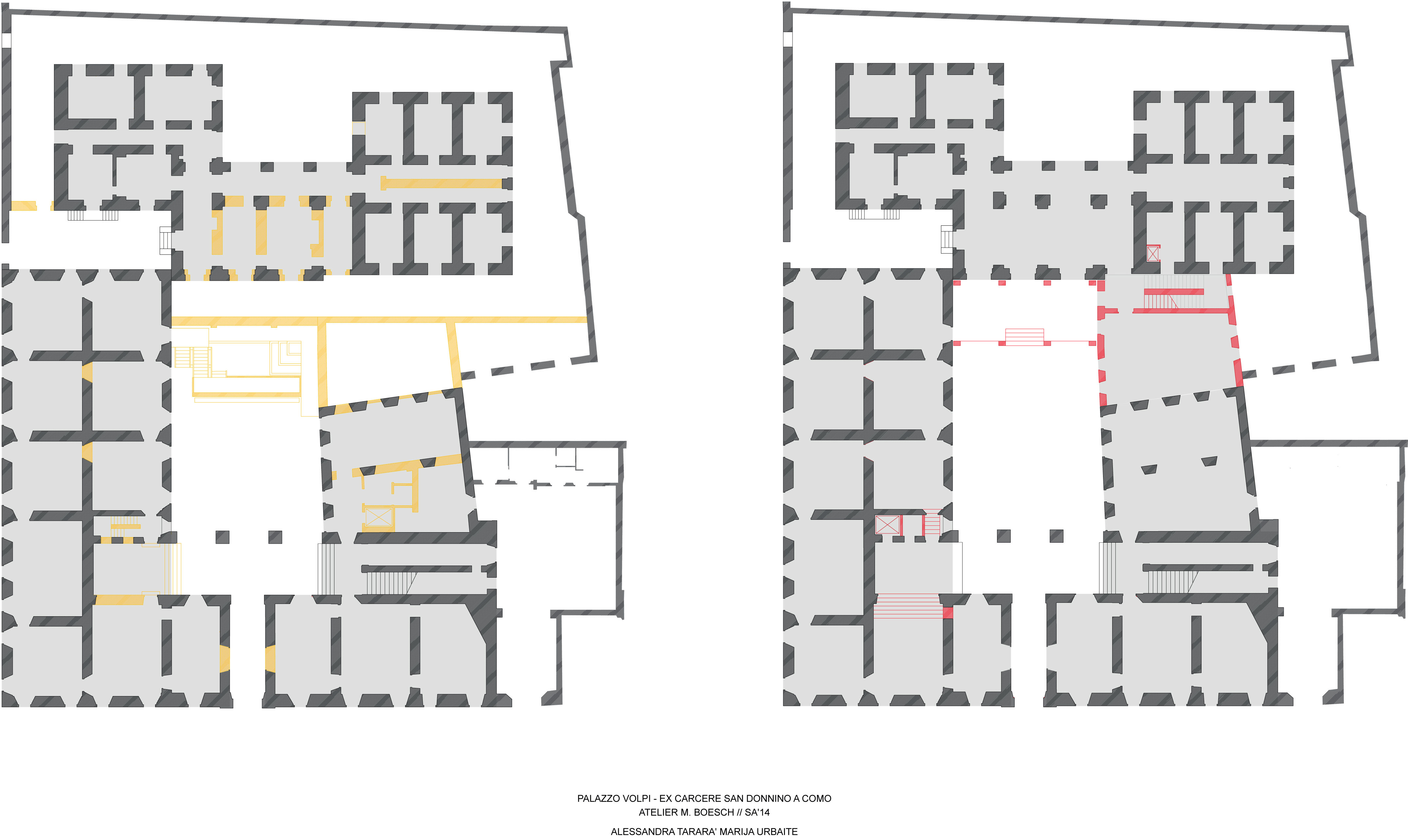 USI-Accademia di Architettura, Atelier Boesch (Martin Boesch, professeur ; Francesco Fallavollita, Laura Lupini, assistants), Palazzo Volpi, pinacothèque, Côme, 16e-17e siècles. Le point de départ du projet est la présence d’un escalier de secours et d’une centrale technique qui dominent la cour, jamais terminée. En ajoutant une loggia sur deux niveaux, le projet valorise enfin la cour du palais, intégrant l’escalier ainsi que l’ancienne prison, aujourd’hui désaffectée. Cette intervention