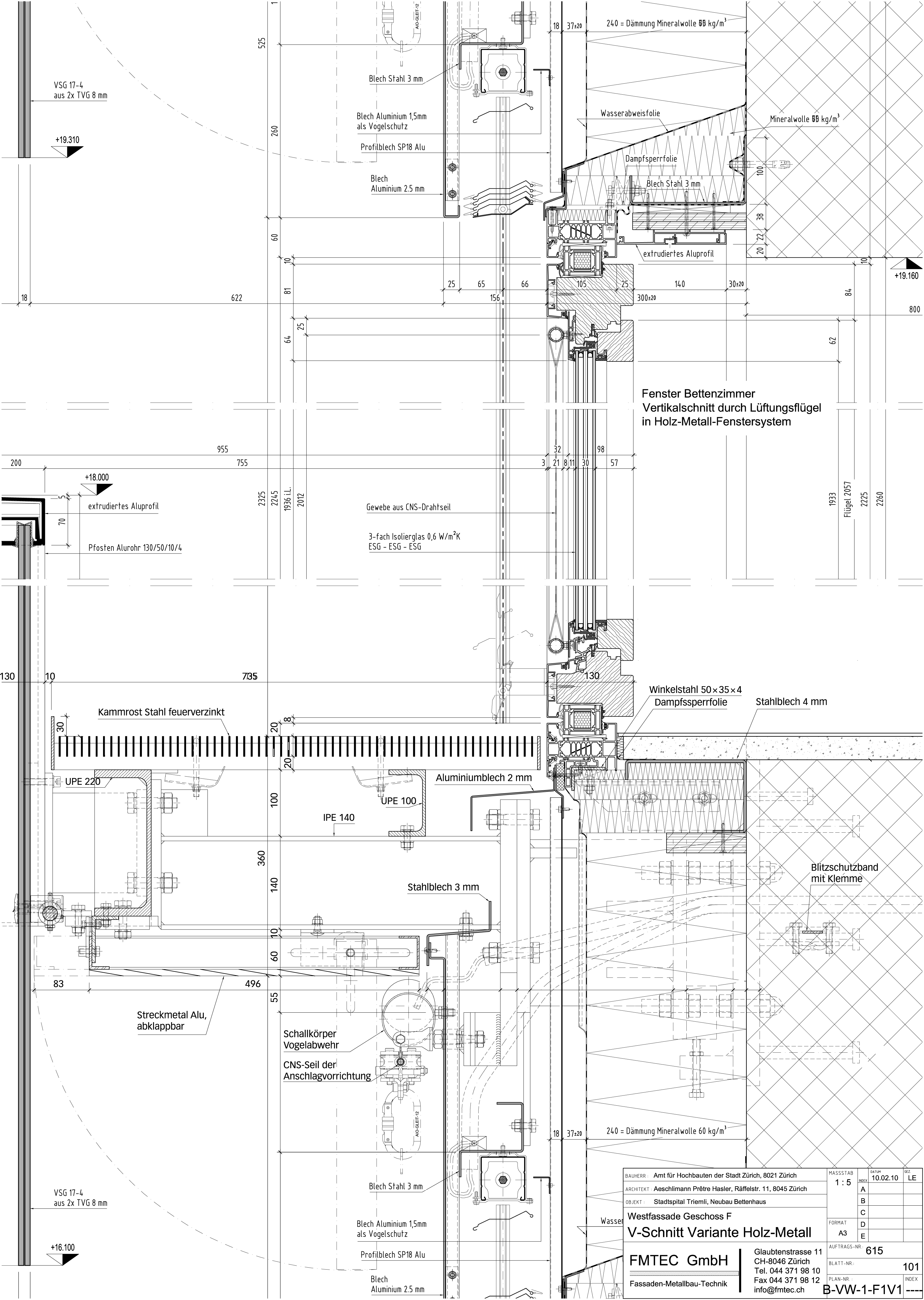 Detailschnitt der Stahlkonsole und der begehbaren Serviceschicht sowie der Auf­hängung der Glasbrüstung.