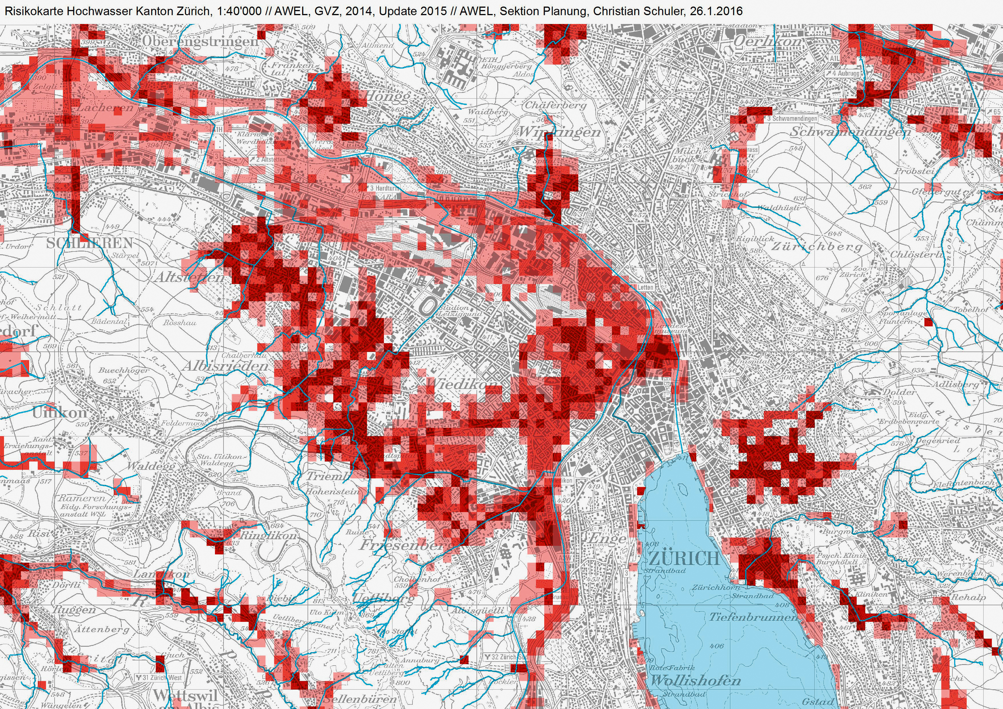 Der Vergleich zwischen der Gefahrenkarte (oben) und der Risikokarte (darunter) zur Gefahr «Hochwasser» zeigt eindrücklich, wie sich hinter «geringen Gefährdungen» (gelbe Gebiete) grosse Risiken (dunkelrote Gebiete, unten) verbergen können. Dass in der Nähe von Gewässern Risiken vorhanden sind, leuchtet ein. Aber auch an Hanglagen, zum Beispiel am Zürichberg (rechtes ­Bilddrittel) oder am Abhang des Uetlibergs (links der Bildmitte), werden die Risiken plötzlich sichtbar. Zu den direkten Schäden