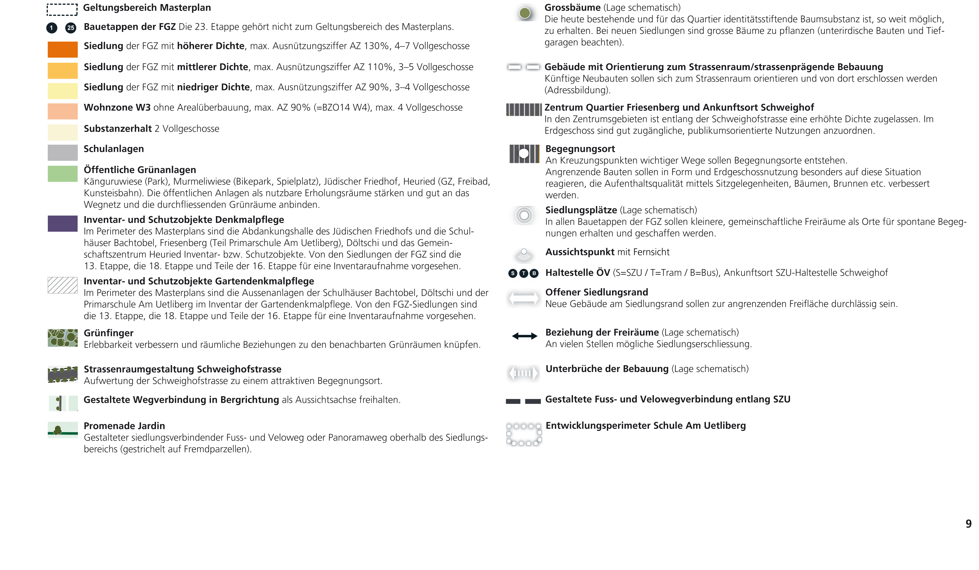 Legende zum Masterplan des Friesenbergquartiers