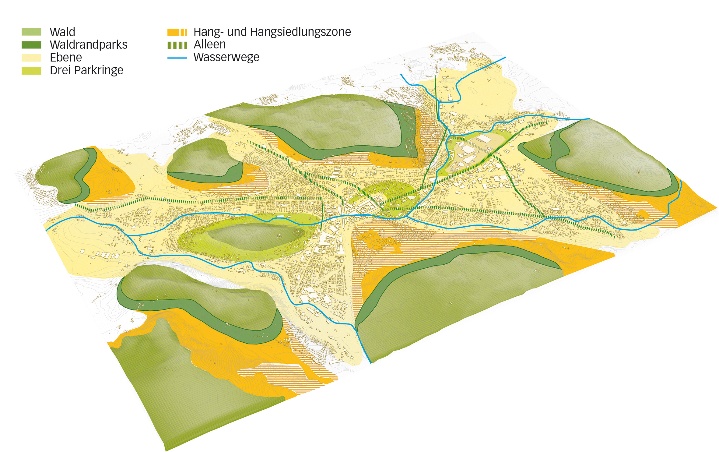 Sieben bewaldete Hügel: Damit die Qualität der Gartenstadt Winterthur angesichts der zunehmenden Verdichtung auch in Zukunft erlebbar sein kann, müssen die unterschied­lichen Freiräume nachhaltig gefördert und miteinander vernetzt werden. Ein spezielles Augenmerk ist auch auf die ans Siedlungsgebiet grenzenden Waldrandzonen zu richten.