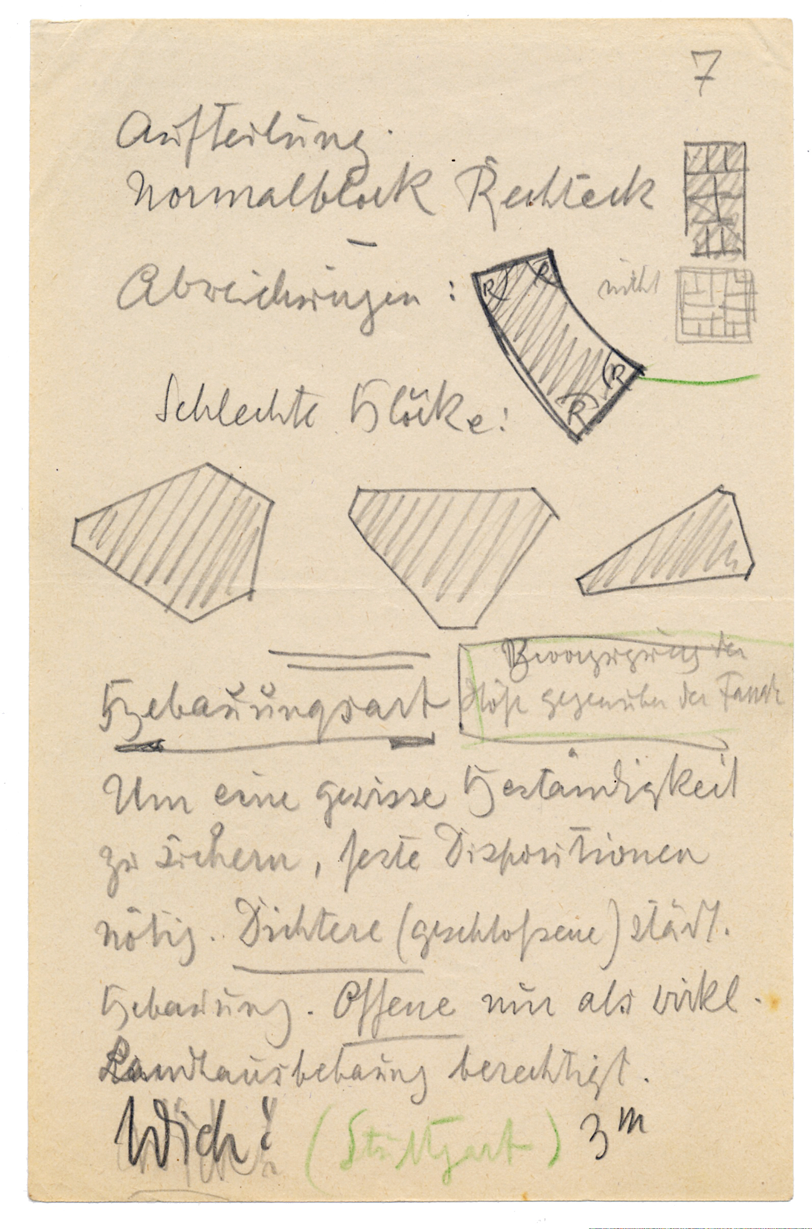 Vorlesungsskizzen von Theodor Fischer: der Normalblock, Abweichungen und schlechte Blöcke.