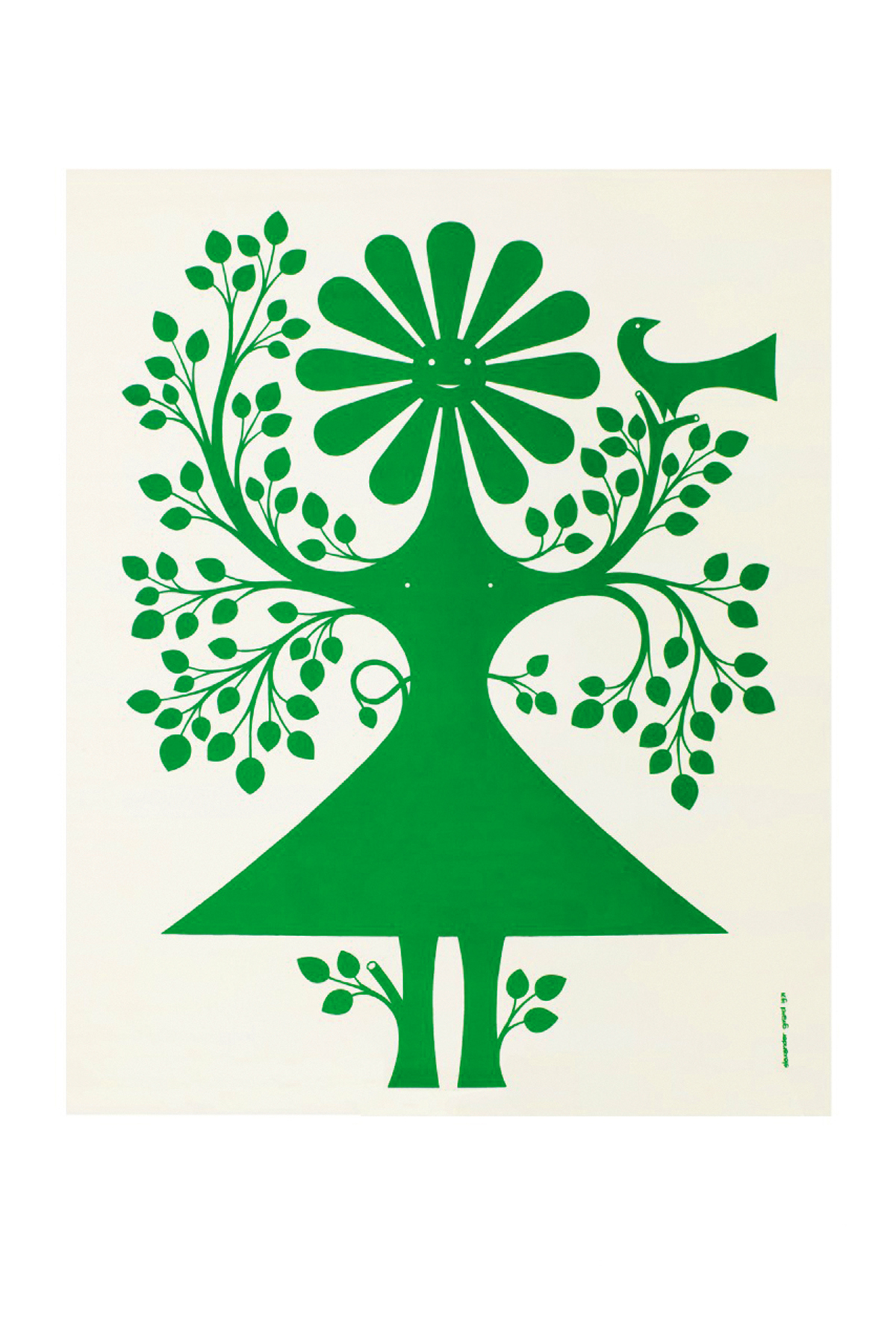 Daisy Face, Environmental Enrichment Panel # 3036, Alexander Girard für Herman Miller, 1971. Die Figur – halb Mädchen, halb Baum – trägt einen Kopf, der aussieht wie eine Sonne. Der Kontrast zwischen einfacher Grafik und mehrschichtiger Bedeutung ist typisch für Girards Schaffen.