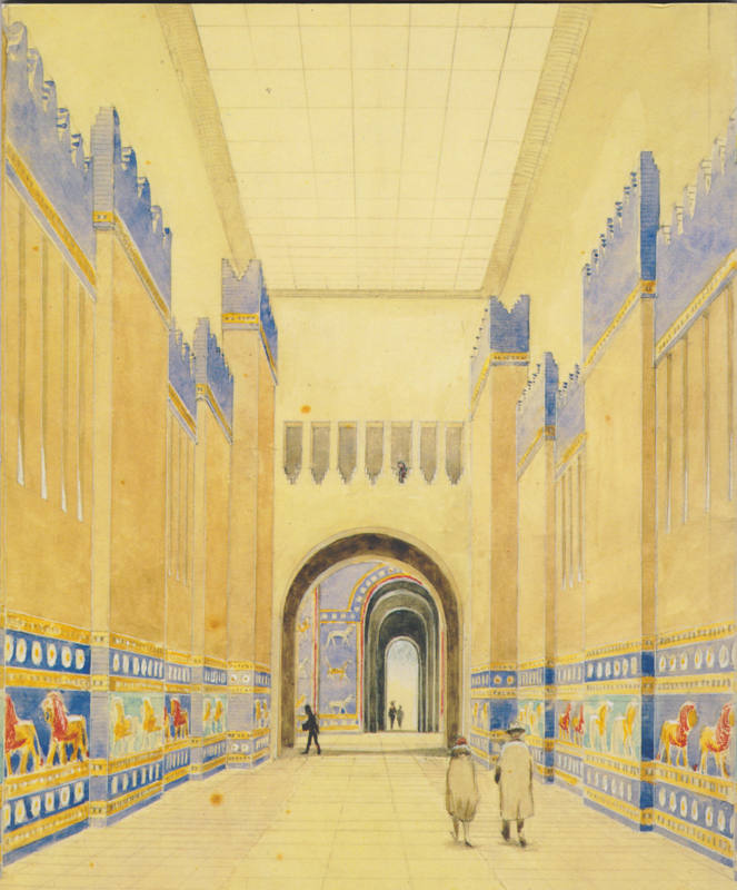 Einblick: Skizze zur Präsentation der Babylonischen Prachtstrasse vor dem Ischtar-Tor im Südflügel des Pergamonmuseums von 1927