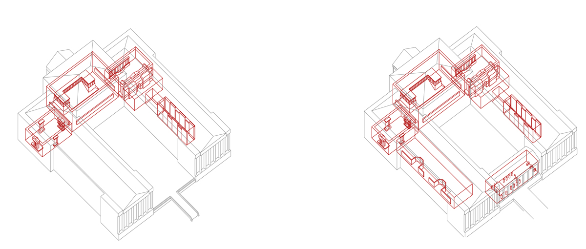 Ausblick: Nach der Wende in Deutschland stand das Pergamonmuseum im Mittelpunkt der Auseinandersetzung um die zukünftige Entwicklung der Museumsinsel. Die Zeichnung links zeigt das Pergamonmuseum vor der Umgestaltung und die Zeichnung rechts den Entwurf von O. M. Ungers im Jahr 2000 für die Gestaltung eines Architekturrundgangs. Die seit 2012 in der Umsetzung befindliche Rundgangskonzeption sieht einen neuen vierten Flügel auf der Westseite des Gebäudes vor (in der Zeichnung unten), der im Erdgeschoss e