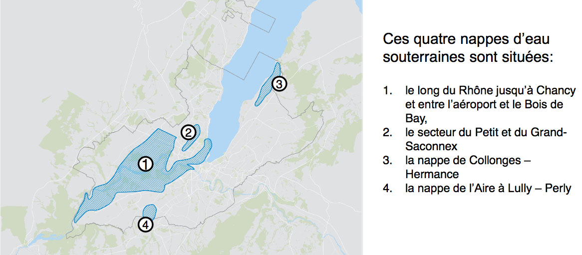 Die fünf Standorte für die Erkundung von geothermischen Energiequellen im Kanton Genf.