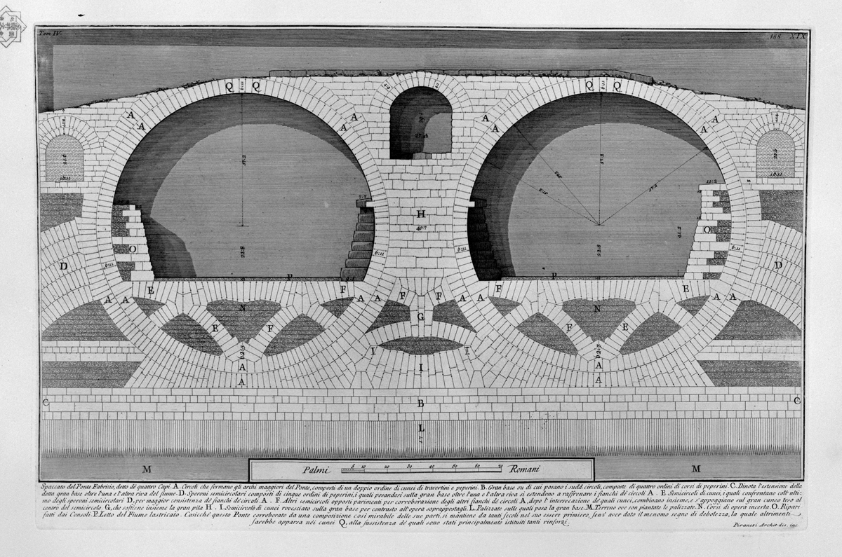 Die kreisrunden Bögen des Pons Fabricius in Rom (62 v. Chr) wurden tragwerkstechnisch suboptimal ausgebildet, was unter anderem mit einer entsprechenden Stärke der Bauteile kompensiert wurde. Beim Pavillon sorgen hingegen die vielfältigen Verwerfungen und die externen Zugbänder für die Stabilität der Konstruktion.