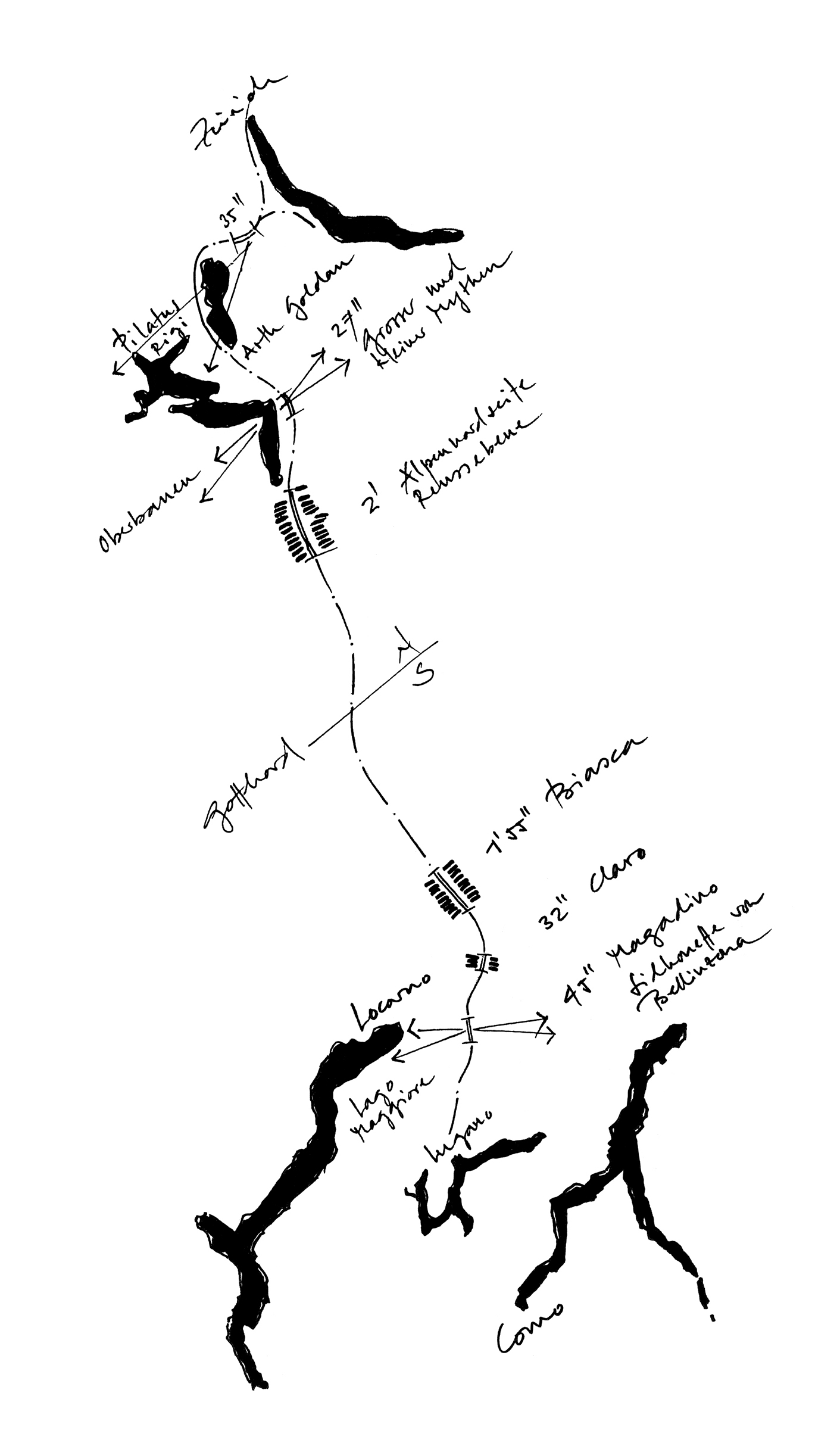 Schizzo di concetto sulla percezione del paesaggio lungo la linea ferroviaria di pianura prevista sull’asse del San Gottardo tra Zurigo e Lugano, con indicazione dei tempi di percorrenza a una velocità di circa 200 km/h.