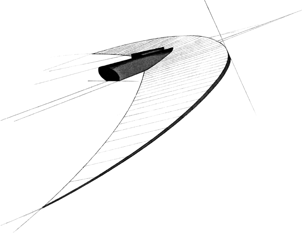 Schizzo di concetto della «falce», attraversata dalle due canne a un binario.