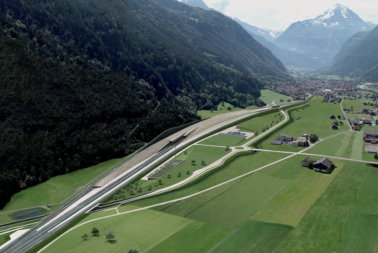 Paesaggio del portale nord della galleria di base del San Gottardo: visualizzazione dello stato dei luoghi a lavori conclusi.