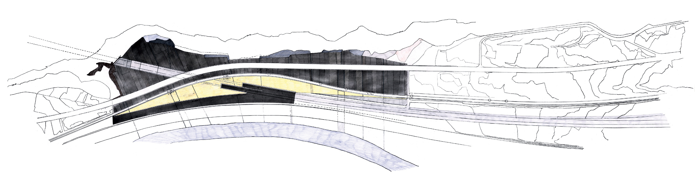 Schizzo di concetto del portale sud della galleria di base del San Gottardo.