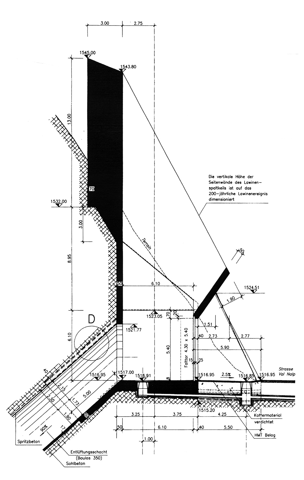 Camino di ventilazione della Val Nalps, Sedrun: sezione longitudinale.