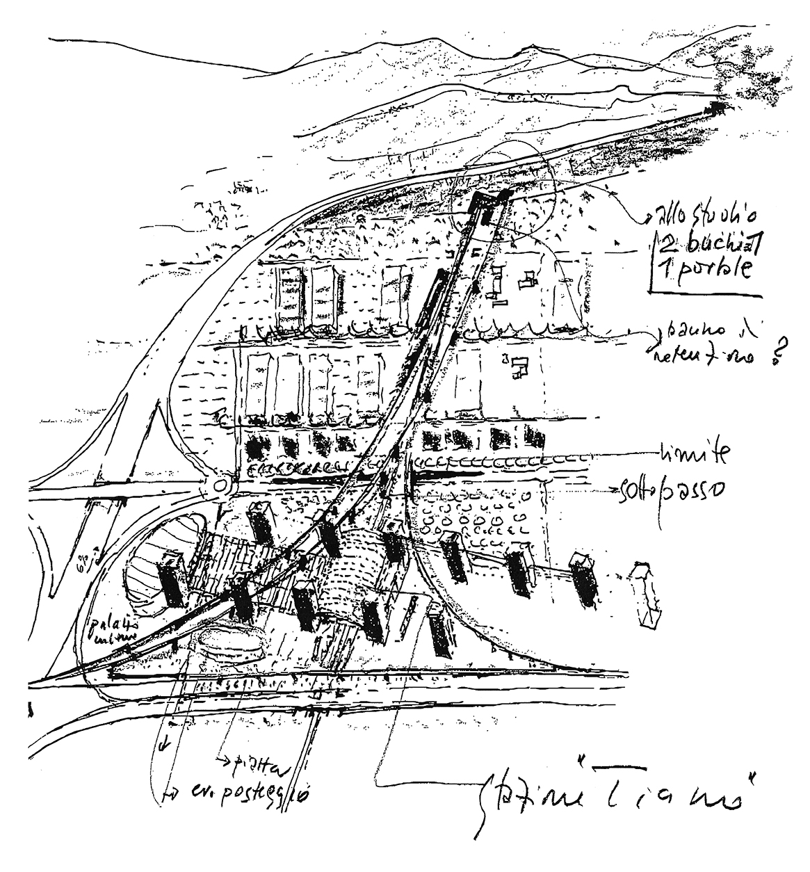 Risposta del progetto ATG all’idea di una città con stazione nel Piano di Magadino: due viadotti ferroviari e il passaggio delle strade al di sotto, ai fini della massima flessibilità per insediamenti urbanistici futuri.
