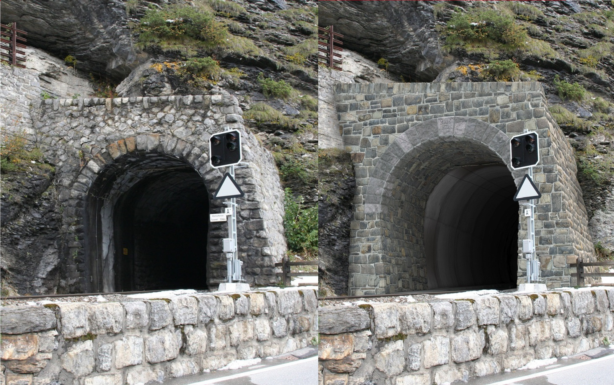 Denkmalpflegerischer Umgang mit dem Tunnelportal, vor dem Umbau (links) und nach dem Umbau (rechts): Auch die Denkmalpflege muss nach Standardlösungen suchen, denn die Tunnelaufweitung verändert Form, Abmessung und Bauweise des Tunnelprofils. Das neue Tunnelportal wurde zusammen mit Bauingenieur Jürg Conzett entwickelt. Sie stellt eine affine Vergrösserung des bestehenden Profils um 15 % dar. Im Innern des Tunnels musste das typische Hufeisenprofil jedoch dem stabileren gewölbten Parament der Normalbau Denkmalpflegerischer Umgang mit dem Tunnelportal, vor dem Umbau (links) und nach dem Umbau (rechts): Auch die Denkmalpflege muss nach Standardlösungen suchen, denn die Tunnelaufweitung verändert Form, Abmessung und Bauweise des Tunnelprofils. Das neue Tunnelportal wurde zusammen mit Bauingenieur Jürg Conzett entwickelt. Sie stellt eine affine Vergrösserung des bestehenden Profils um 15 % dar. Im Innern des Tunnels musste das typische Hufeisenprofil jedoch dem stabileren gewölbten Parament der Normalbau