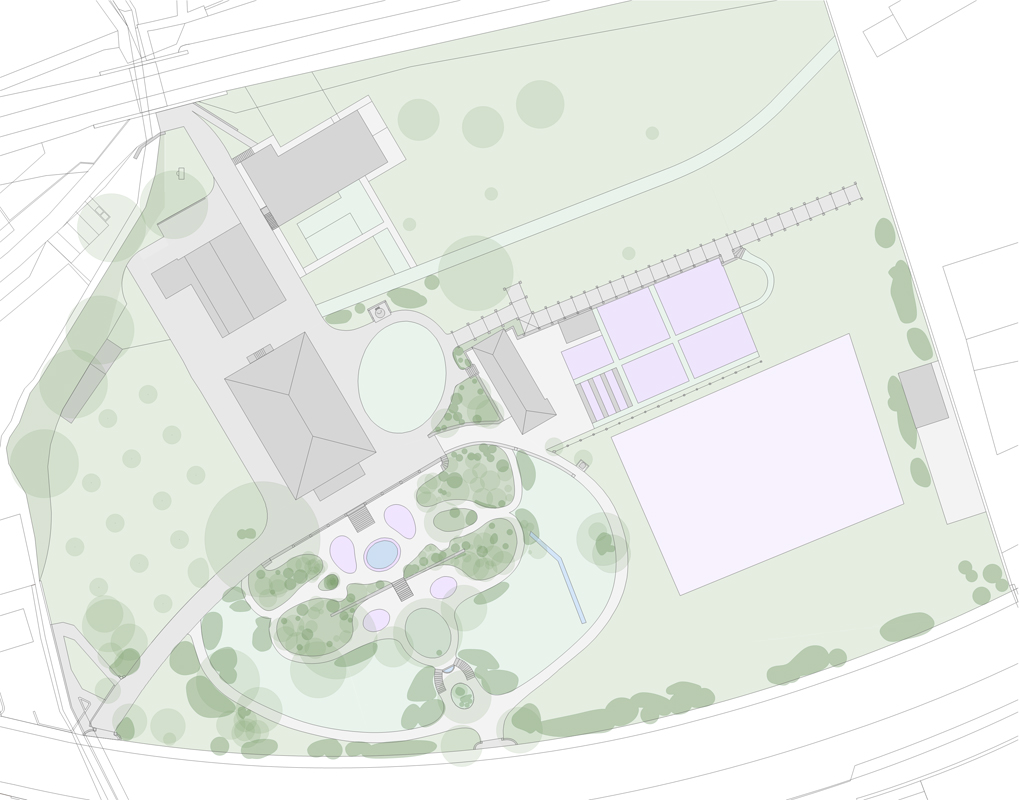 Der hausnahe Bereich des Guts Mariahalde mit Herrenhaus, Trotte, Stall, Weiden, Gemüsegarten, Laube und Obst- und Ziergarten.