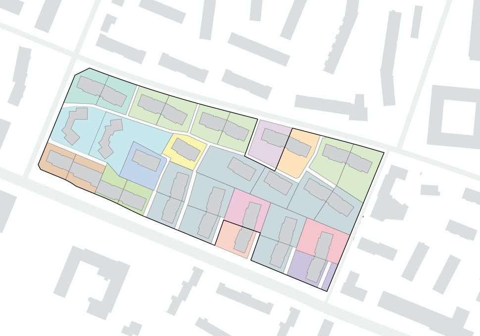 Progetti per Altwiesen/Dubendorf strasse, Zurigo-Schwamendingen. In origine l’insediamento fu realizzato da un unico costruttore, oggi l’areale appartiene a 15 proprietari.