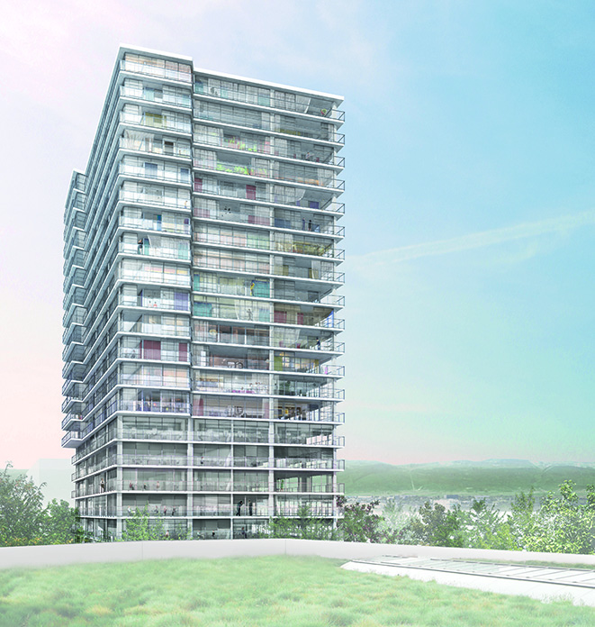 FFS IMMOBILI Torre di Chêne Bourg Oggetto del concorso: Torre di 19 piani, con alloggi, con commerci ed uffici nei 5 piani inferiori Programma: 91 appartamenti, 250 posti di lavoro, 347 mq di commerci Vincitore: Lacaton &amp; Vassal