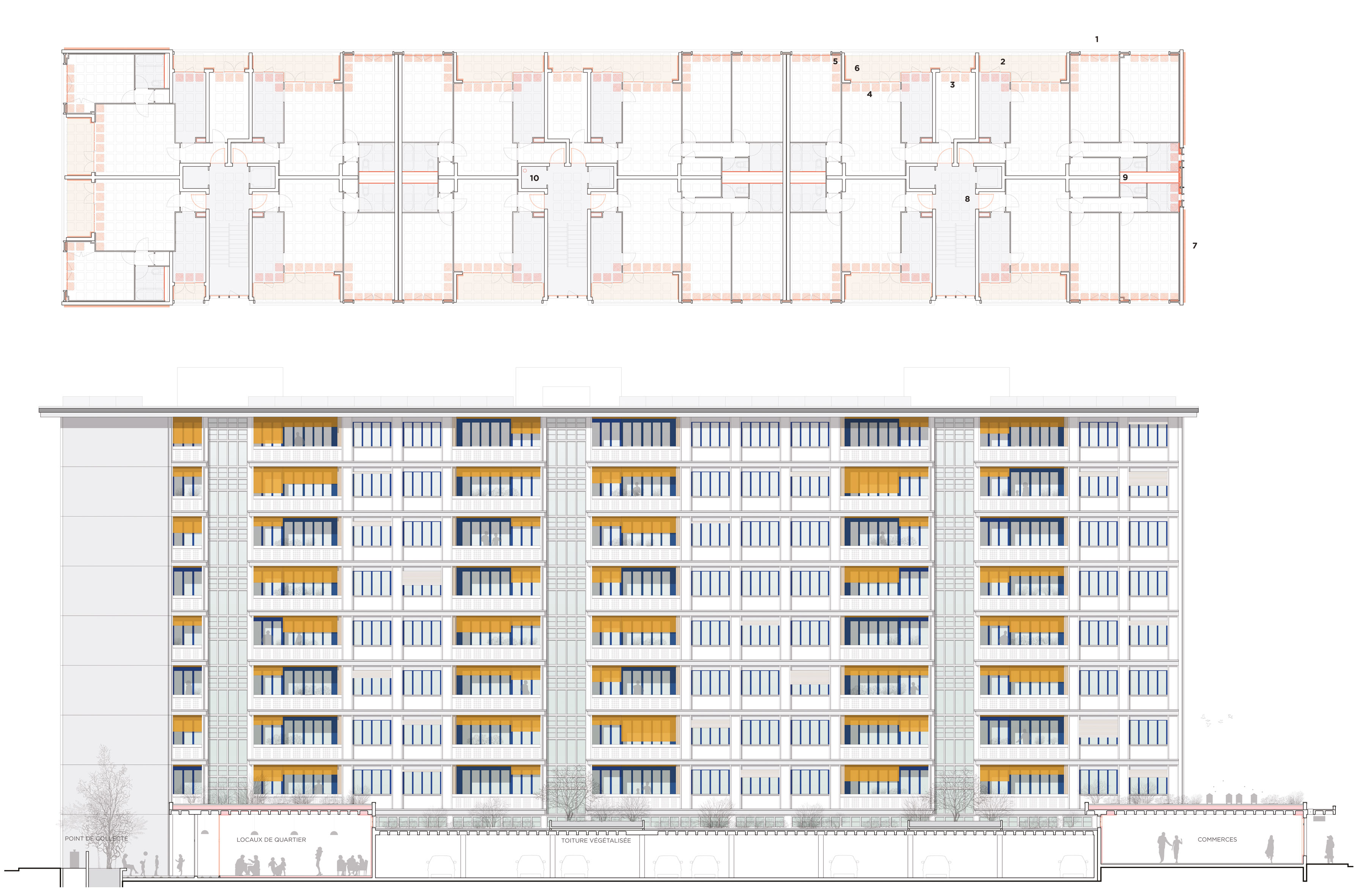 Extraits des planches rendues Principe d’intervention : plan (concept architectural et énergétique différencié et optimisé selon les éléments à traiter) et élévation (façade sur toiture végétalisée).