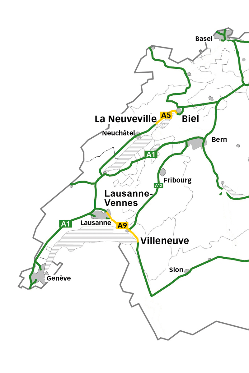 Lage der Pilotprojekte (gelb), wo Stützbauwerke vorsorglich verstärkt wurden.