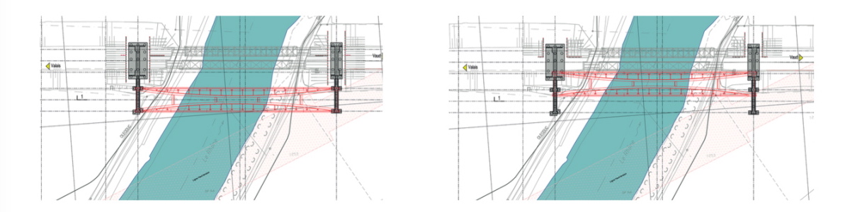 Rückbau der provisorischen Pfeiler und der Plattform; Schub flussabwärts bis zur alten Brücke und deren Abbau.