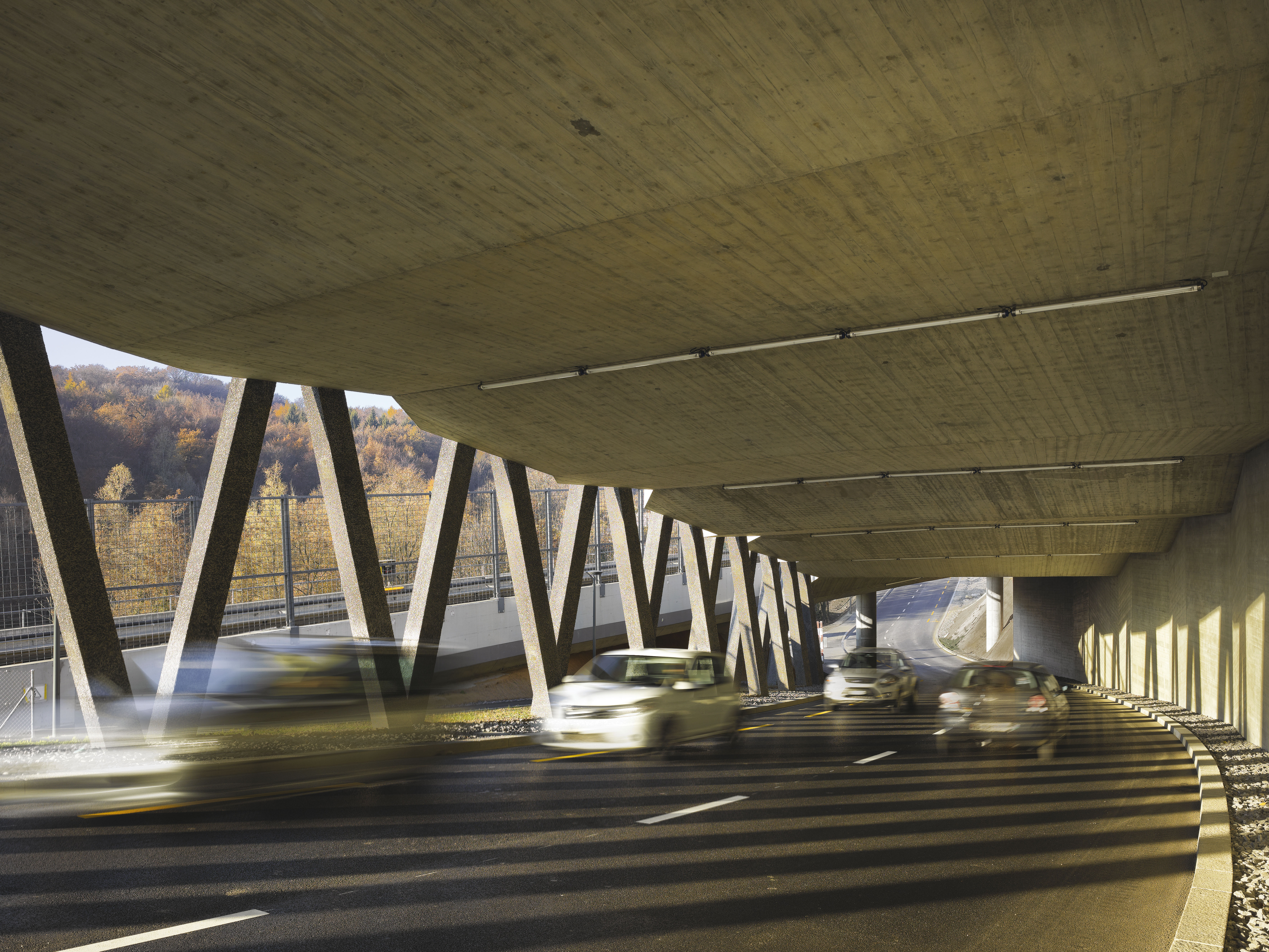 Dans le vallon du Flon, la déviation de la Sallaz passe en galerie sous les rails du métro M2. On distingue à l’arrière-plan le parc de Sauvabelin.