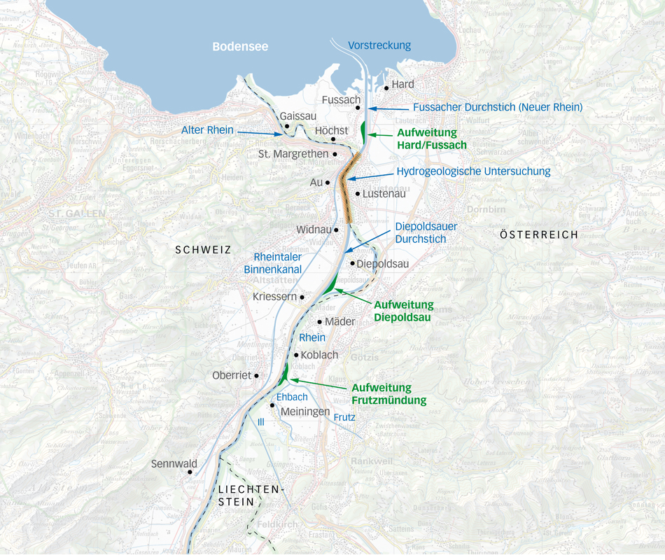 Der Projektperimeter von «Rhesi» erstreckt sich von der Mündung der Ill bis zum Bodensee. Die Machbarkeit der drei Aufweitungen mit Dammabrückungen wird derzeit im Detail abgeklärt.