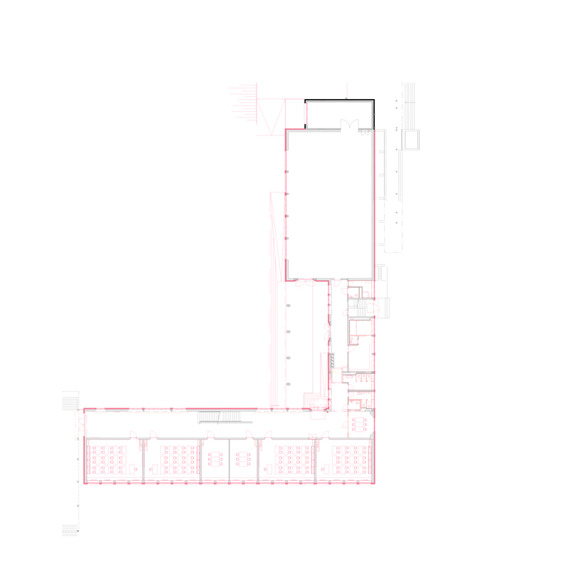Grundriss EG, ohne Mst. Im nördlichen Gebäudeteil liegen die Aula und der grosszügige Eingangsbereich.
