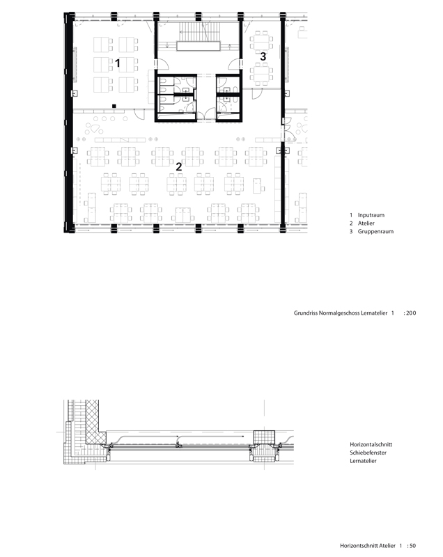 Grundriss Normalgeschoss Lernatelier, mit Inputraum (1), Atelier (2) und Gruppenraum (3).