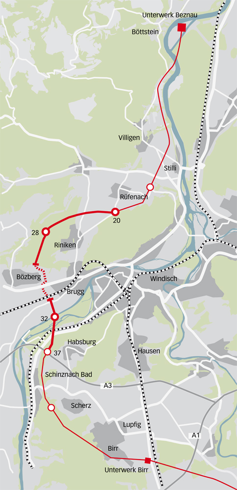 Trasse für die erste Erdverkabelung (gestrichelt) auf höchster Spannungsebene in der Schweiz.