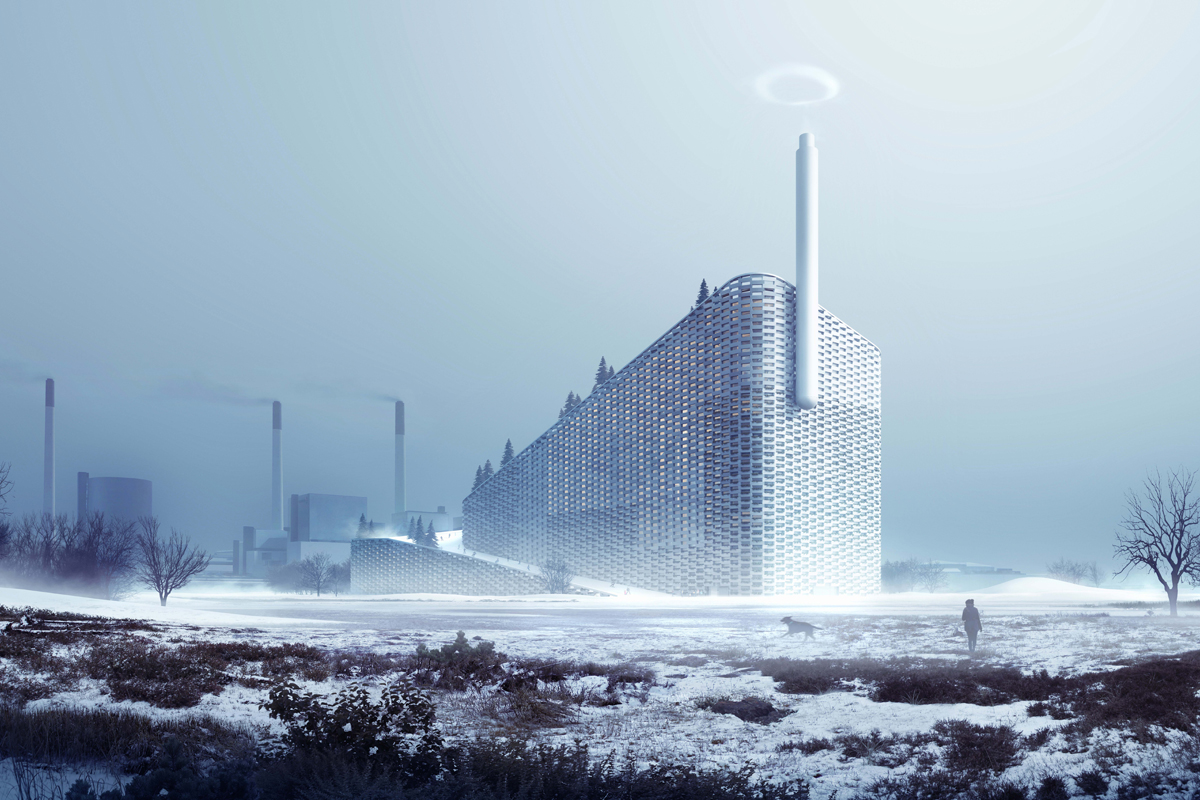 Die neue Müllverbrennungsanlage für Kopenhagen von BIG in Amager. Auf dem Dach soll eine Skipiste entstehen, ein Kunstrasenteppich bildet den Untergrund für die Schneeauflage – künstlich beschneit wird natürlich nicht.