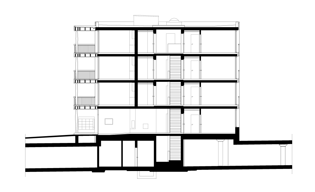 Schnitt durch den mittleren Wohnblock.