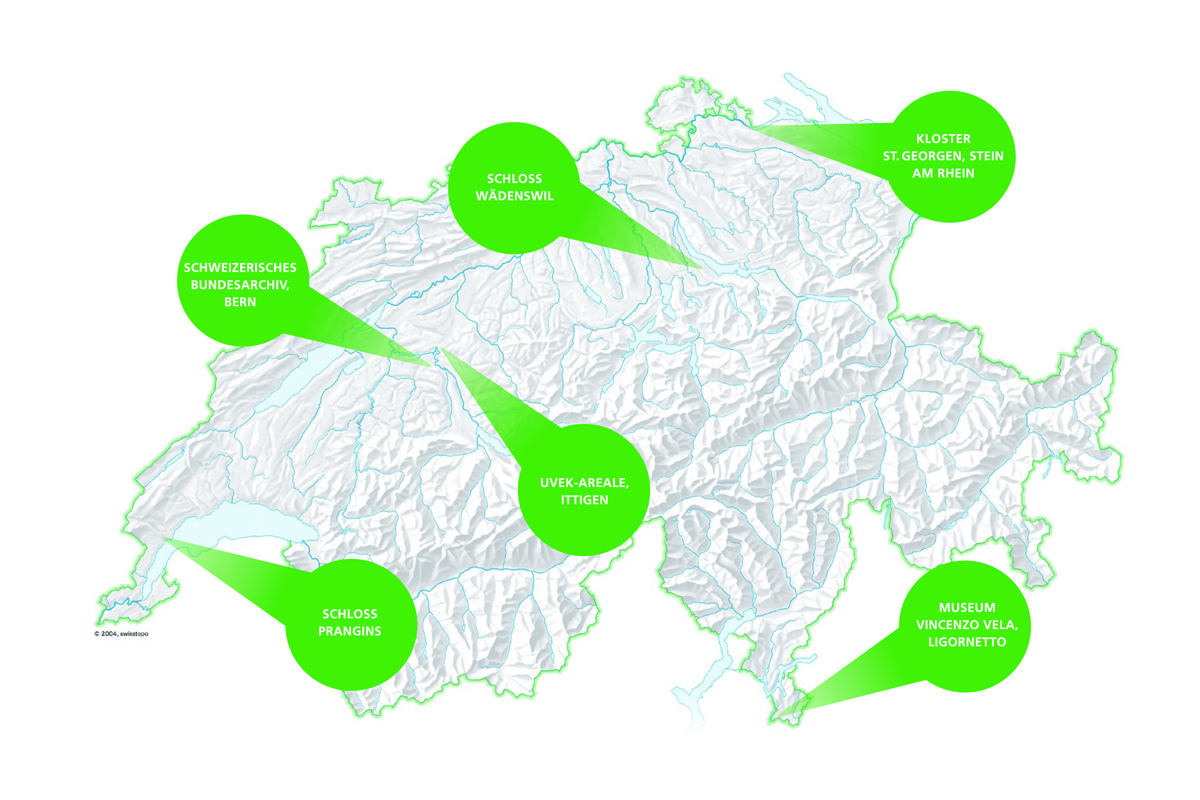 Übersichtsgrafik mit den sechs Gartendenkmälern.