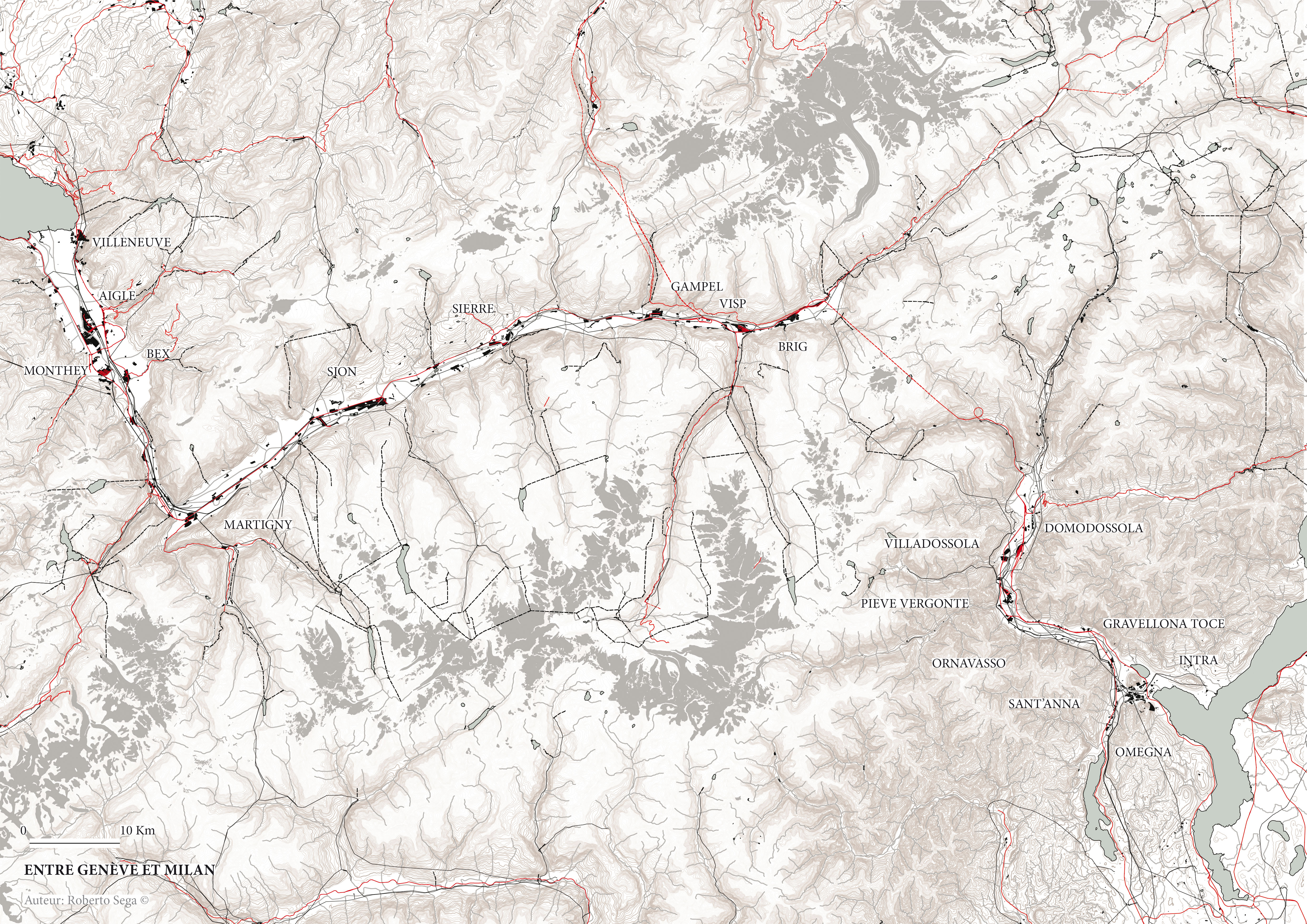 Entre Genève et Milan (cartographie élaborée par l’auteur en utilisant les bases de données suivantes : OSM, VECTOR 25 (SWISSTOPO), VECTOR 200 (SWISSTOPO), DBTRE (Région Piémont), DTM (EC) pour la topographie