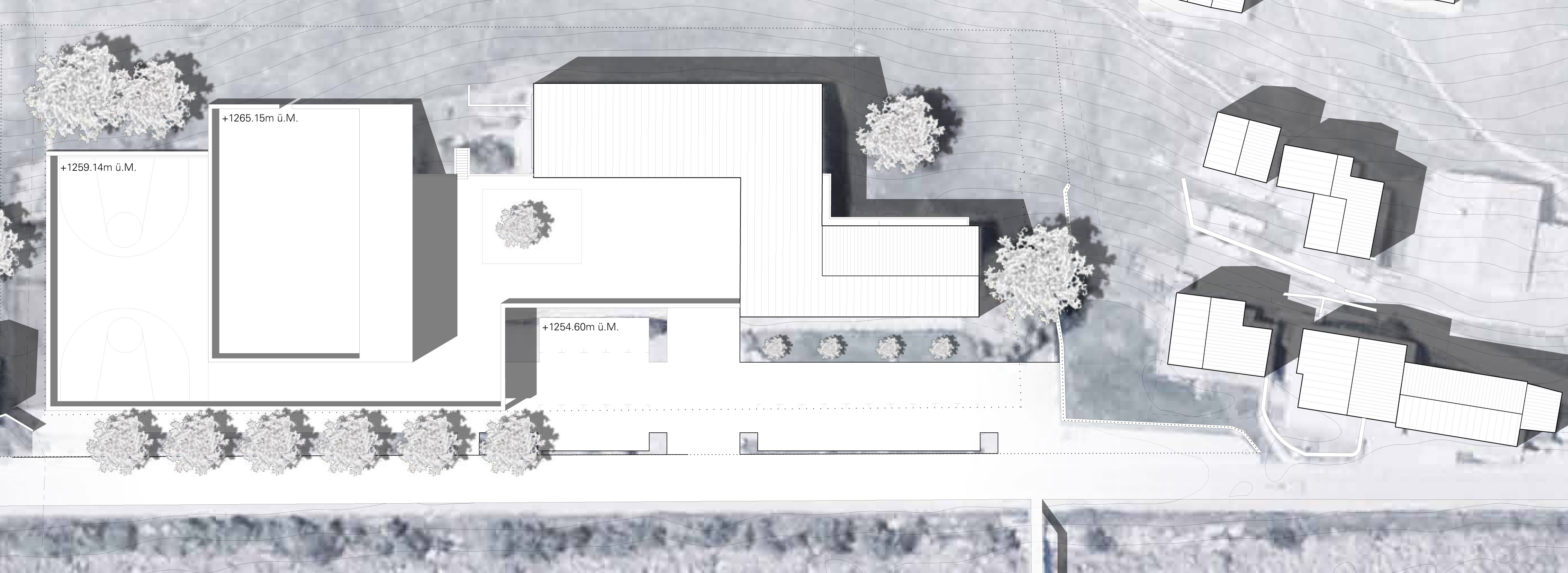 Situation «Fritz &amp; Fränzi». Der Entwurf stellt die neue Halle quer zum Hang, was eine feingliedrige Staffelung der Volumen ermöglicht.