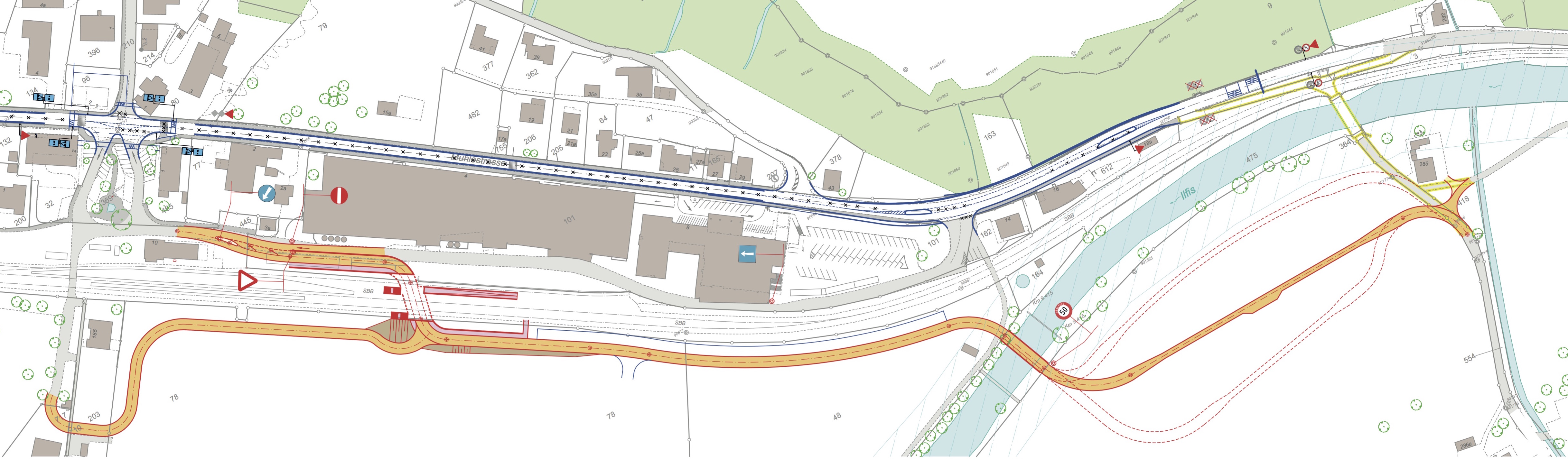 Bestvariante mit neuer Brücke und Unterführung Bahn östlich des Bahnhofs.