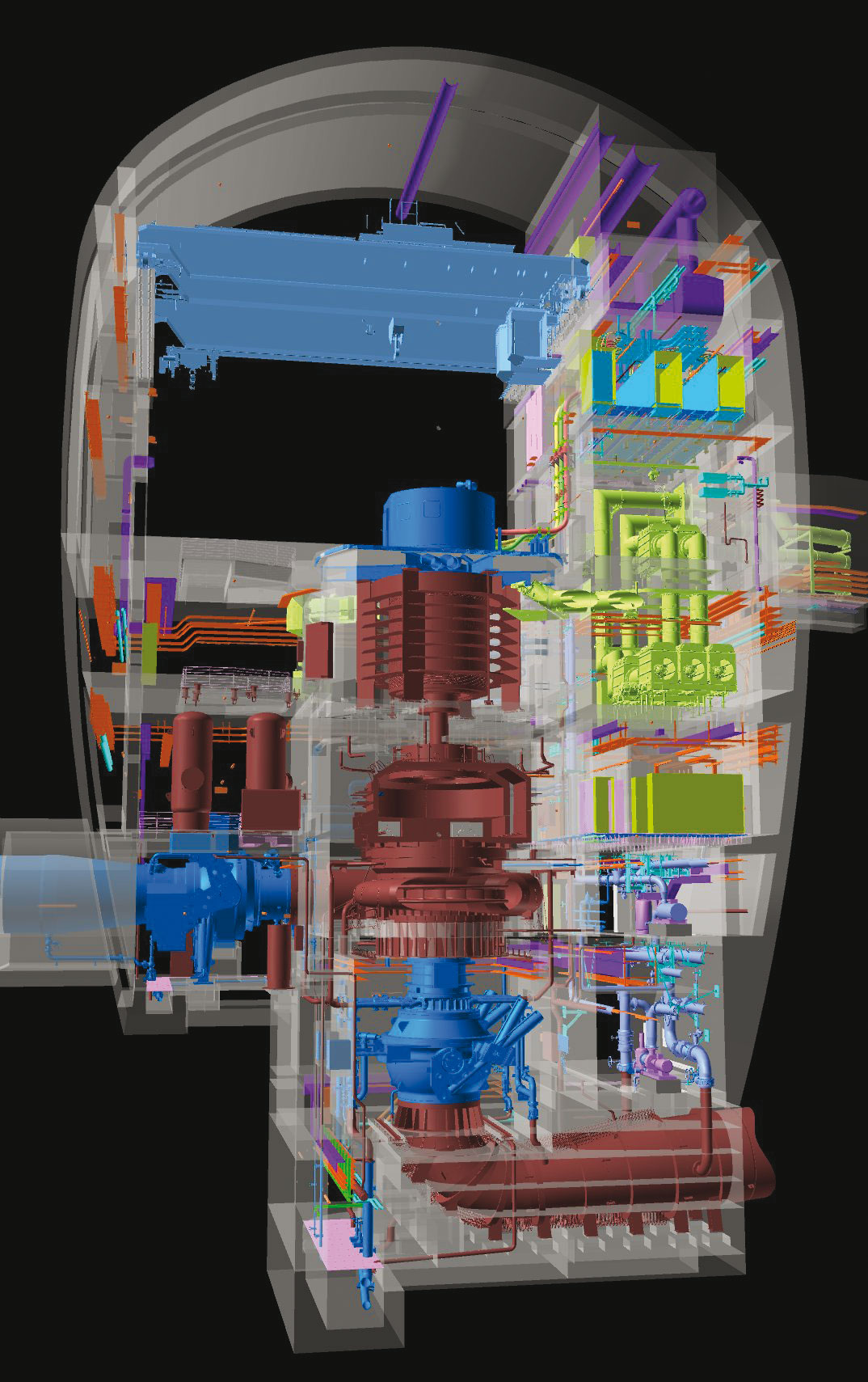 Vue en coupe de la caverne des machines (centrale électrique): 1. Pont roulant de la caverne des machines 2. Moteur-générateur 3. Vanne sphérique d’entrée 4. Pompe-turbine 5. Vanne sphérique de sortie 6. Drainage 7. Centrale de ventilation 8. Convertisseur de fréquence 9. Inverseur de phase 10. Disjoncteur de l’alternateur 11. Armoires de commande du système de conduite 12. Circuit de refroidissement secondaire 13. Circuit de refroidissement primaire 14. Tuyau d’aspiration