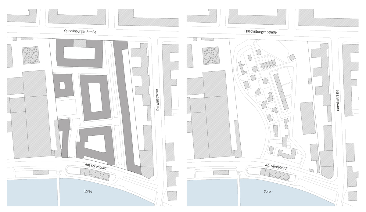 Die Gegenüberstellung der WerkBundStadt (links) mit der Montage der Weissenhofsiedlung auf das Areal des Tanklagers in Berlin (rechts) veranschaulicht die unterschiedliche Konzeption der beiden Projekte – Stadtbaustein versus Wohnsiedlung.