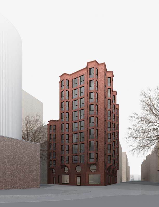 Gebäudeentwurf von jessenvollenweider für einen Stadtbaustein der WerkBundStadt, Strassenraumperspektive.