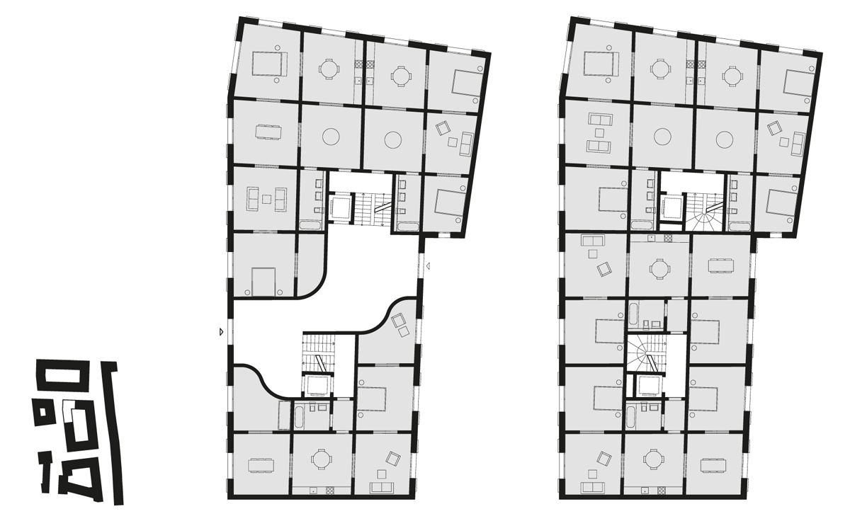 Gebäudeentwurf von E2A Architekten: Grundrisse (Erdgeschoss links, Obergeschoss rechts) und Lage des Gebäudes im Stadtgrundriss (links).