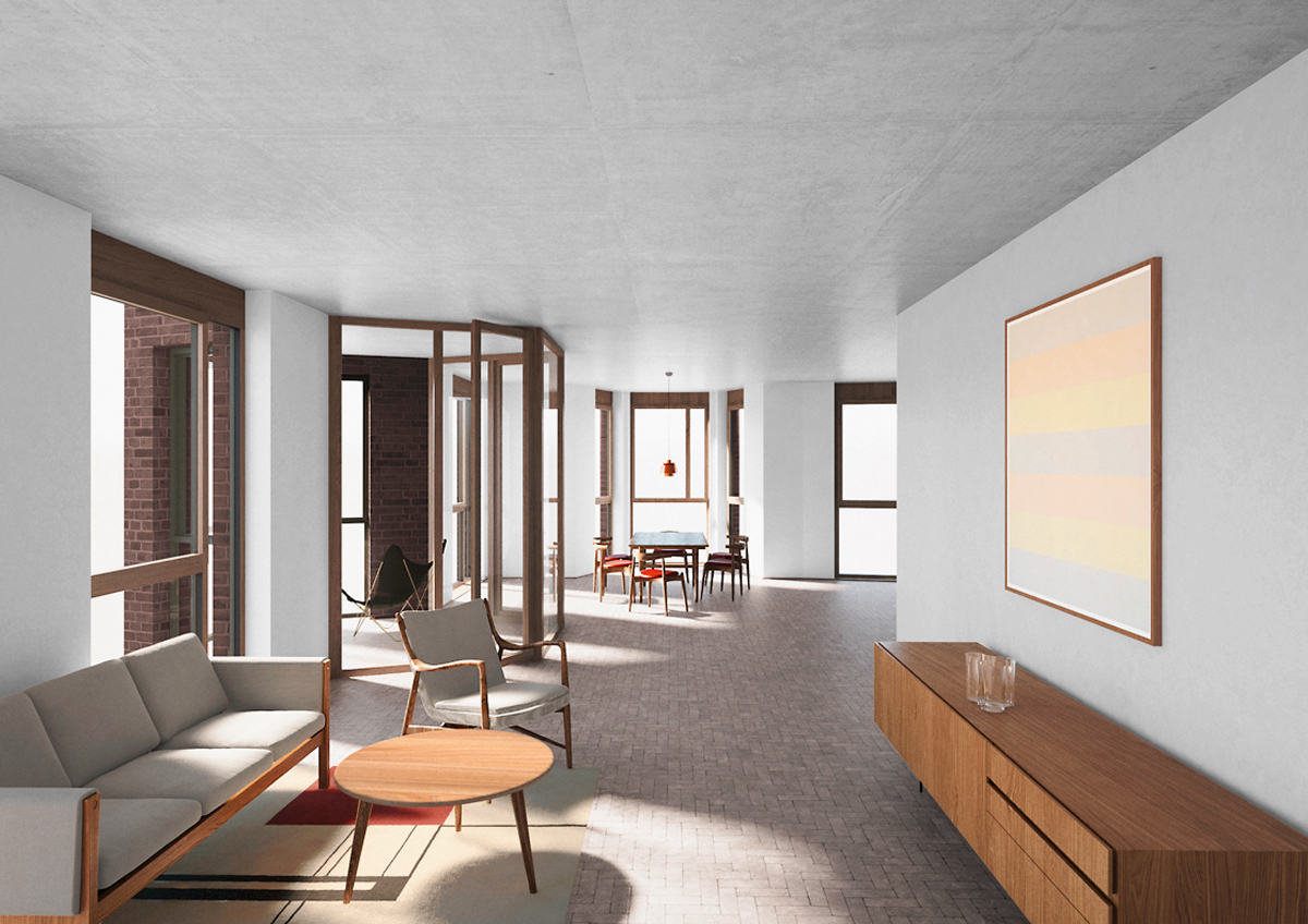 Gebäudeentwurf von jessenvollenweider Architekten: Wohnraumperspektive.