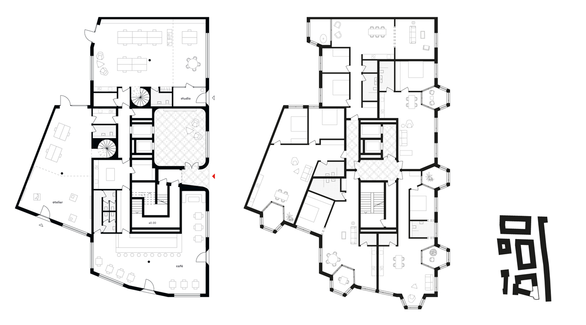 Gebäudeentwurf von jessenvollenweider Architekten: Grundrisse (Erdgeschoss links, Regelgeschoss rechts) und Lage des Gebäudes im Stadtgrundriss (rechts).