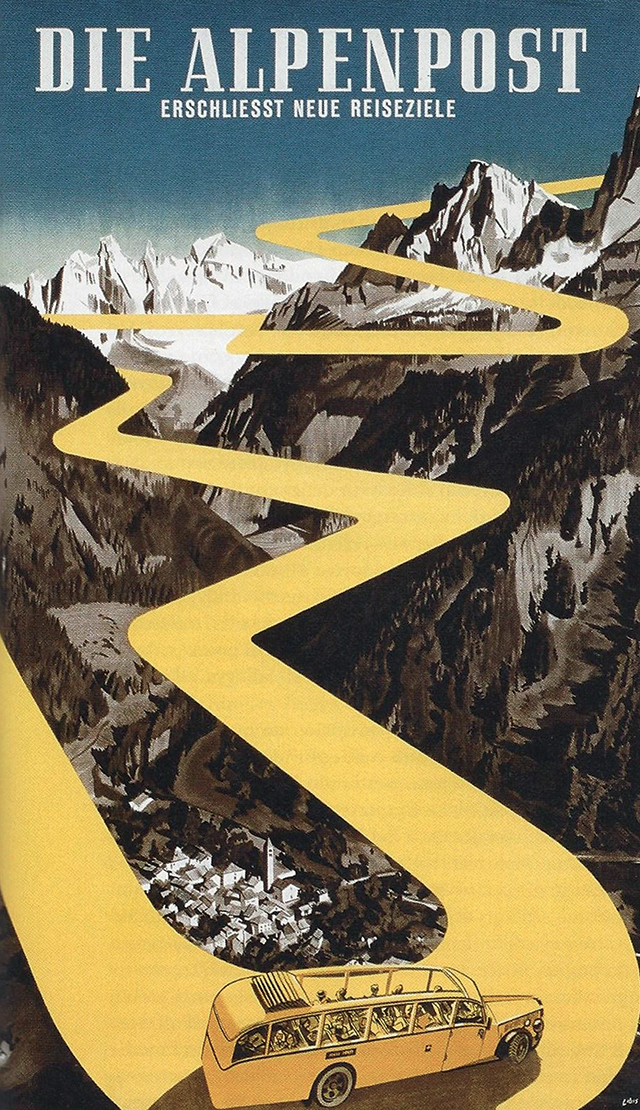 Affiche del 1945 che pubblicizza la corriera postale delle Alpi.