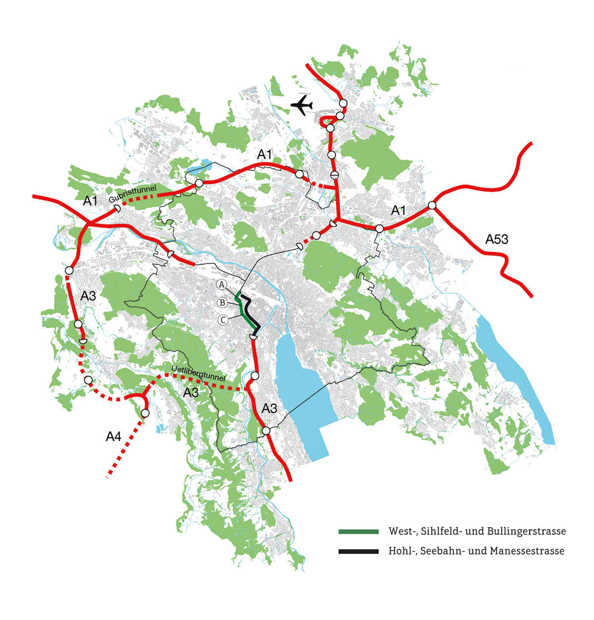 Situationsplan mit Überblick über die Eingriffe: A: Bullingerplatz, B: Anny-Klawa-Platz, C: Brupbacherplatz.