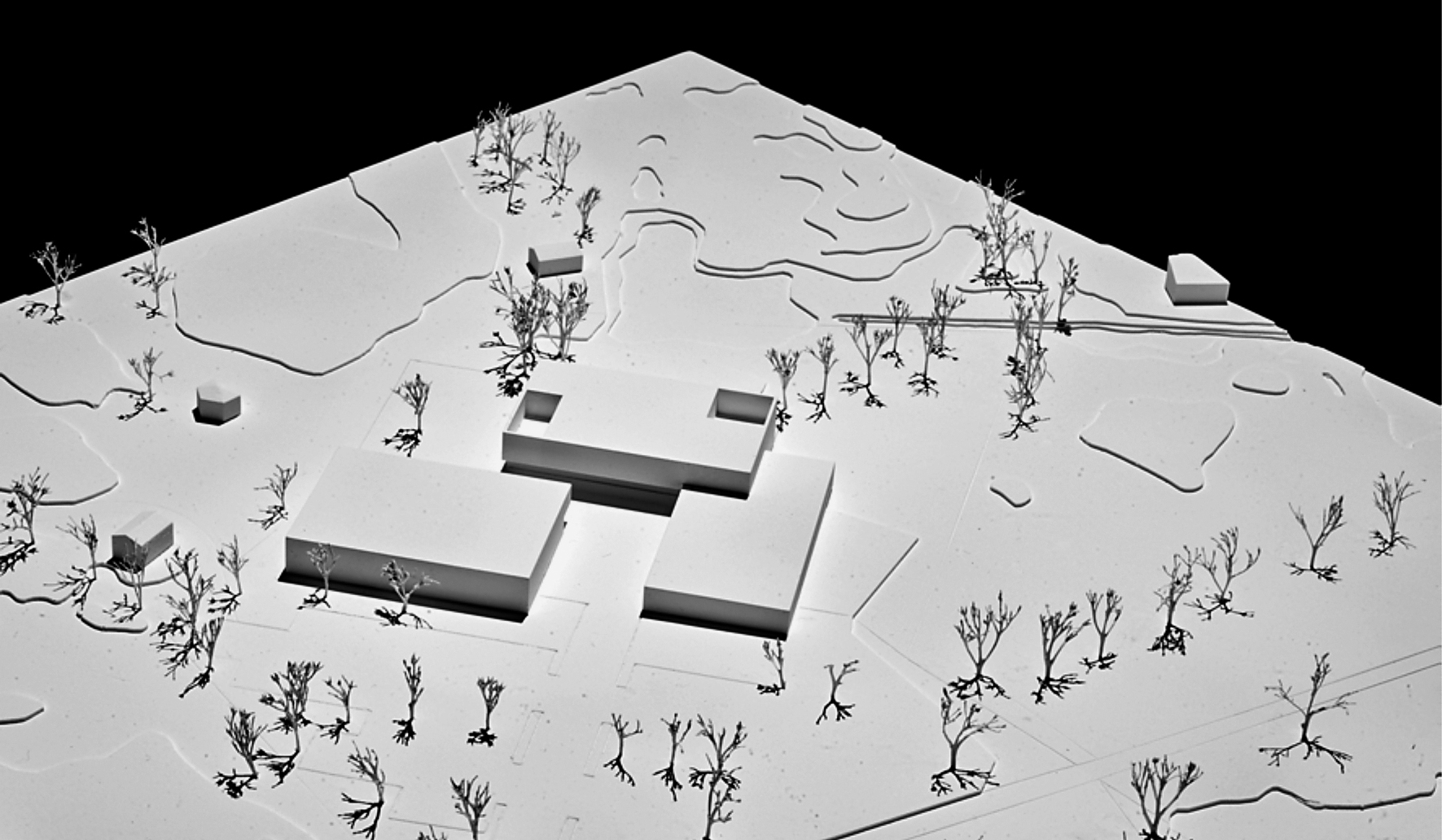 «Callawey» zeigt einen L-förmigen Hauptbau mit der Einstellhalle als Solitär. Die Position der Volumen inszeniert den Zugang zum Golfplatz.