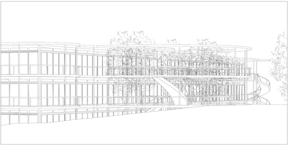Der Zugang des Klassentrakts im Mittleren Geschoss von Westen.