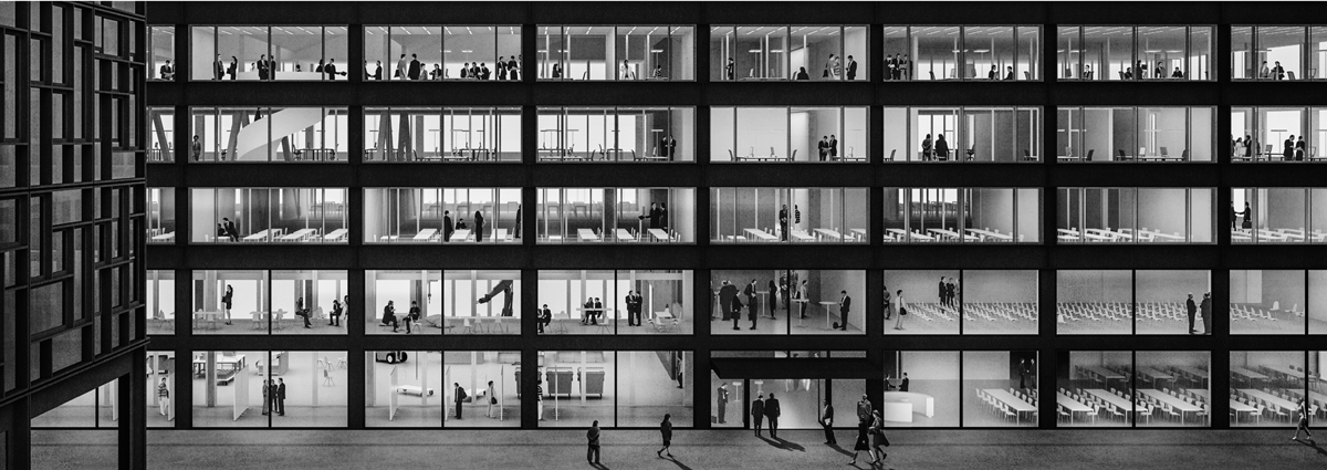 Die Fassadenvisualisierung von «Flow» lässt die Tragstruktur im Innern des Gebäudes erkennen.